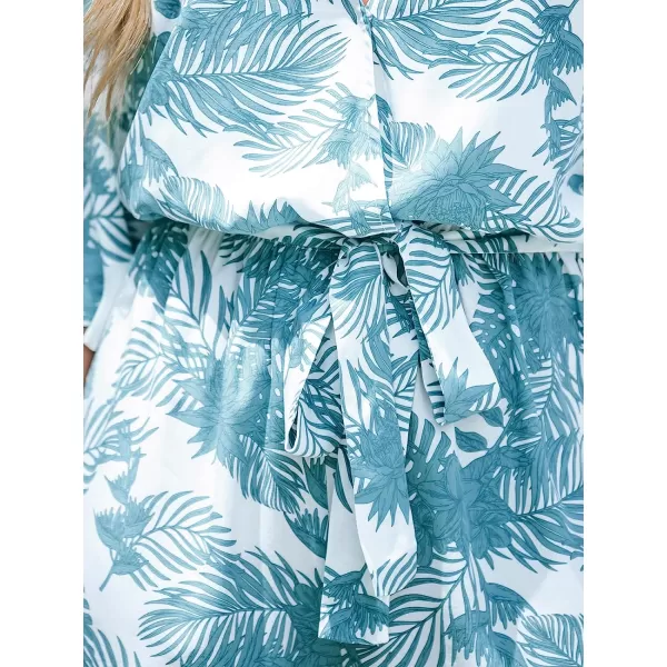 imageCUPSHE Womens Tropical Floral Leaf Print Belted Romper Mini Jumpsuit with Flare SleevesBlue Floral