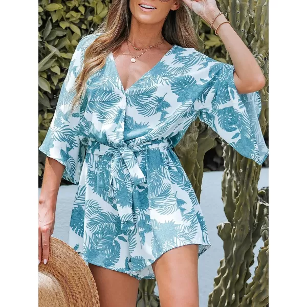 imageCUPSHE Womens Tropical Floral Leaf Print Belted Romper Mini Jumpsuit with Flare SleevesBlue Floral
