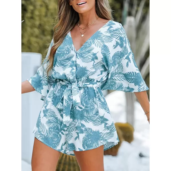 imageCUPSHE Womens Tropical Floral Leaf Print Belted Romper Mini Jumpsuit with Flare SleevesBlue Floral