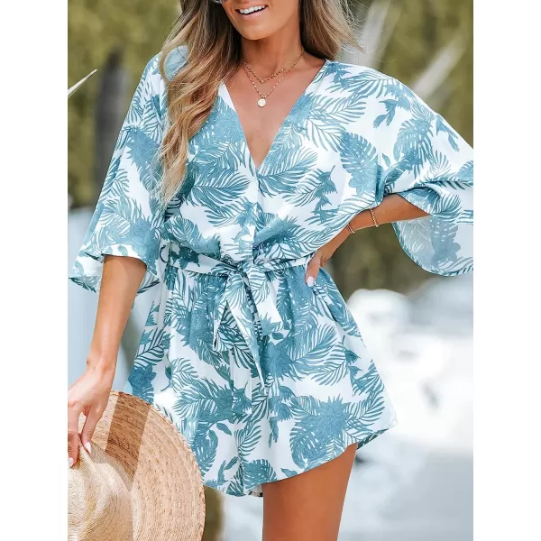 imageCUPSHE Womens Tropical Floral Leaf Print Belted Romper Mini Jumpsuit with Flare SleevesBlue Floral