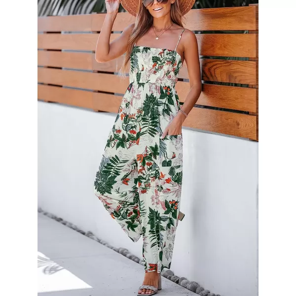 imageCUPSHE Womens Tropical Floral Print Smocked Cami Jumpsuit Maxi Jumpsuit SleevelessGreen Floral