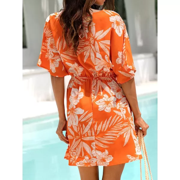 imageCUPSHE Womens Tropical Leaf Floral Print ALine Dress Sleeveless Summer Mini DressOrange Floral
