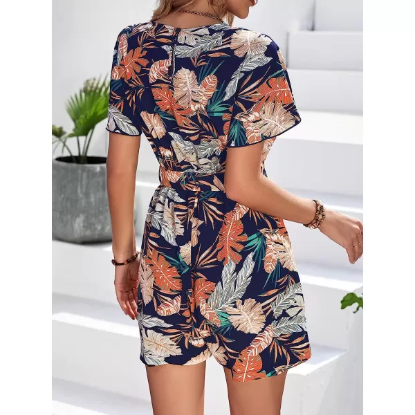 imageCUPSHE Womens Tropical Leaf Print Belted Romper Mini JumpsuitNavy Floral