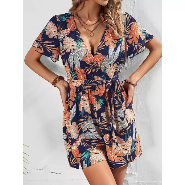 imageCUPSHE Womens Tropical Leaf Print Belted Romper Mini JumpsuitNavy Floral