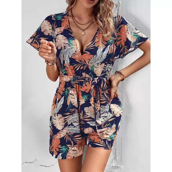 imageCUPSHE Womens Tropical Leaf Print Belted Romper Mini JumpsuitNavy Floral