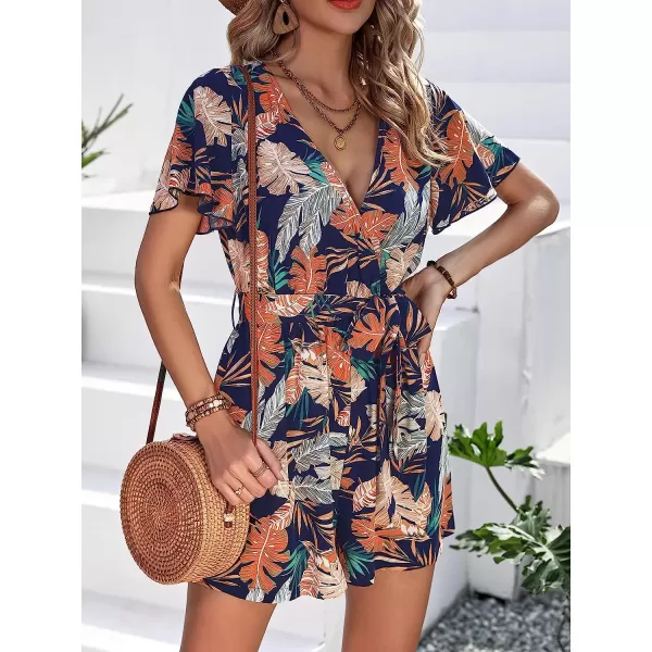 imageCUPSHE Womens Tropical Leaf Print Belted Romper Mini JumpsuitNavy Floral