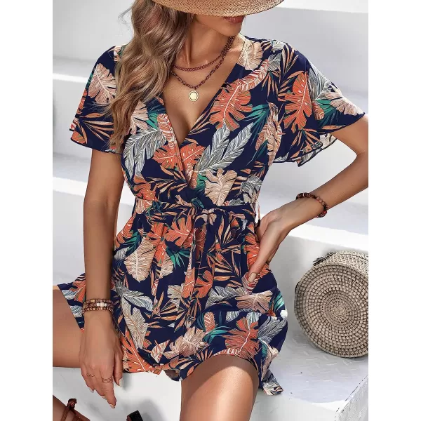 imageCUPSHE Womens Tropical Leaf Print Belted Romper Mini JumpsuitNavy Floral