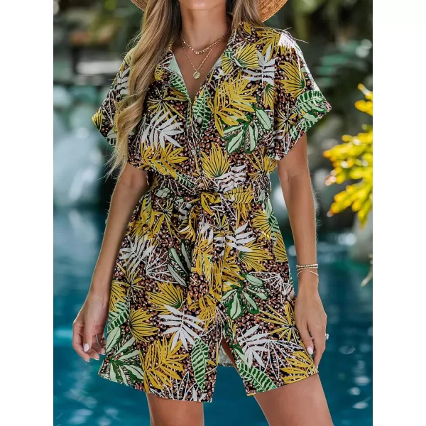 imageCUPSHE Womens Tropical Leaf Print Button Short Sleeve Mini Dress Casual Belted Short DressYellow Leaf