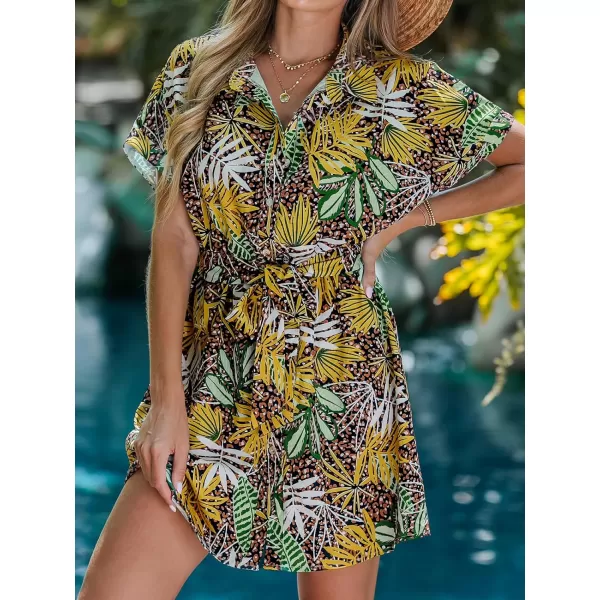 imageCUPSHE Womens Tropical Leaf Print Button Short Sleeve Mini Dress Casual Belted Short DressYellow Leaf