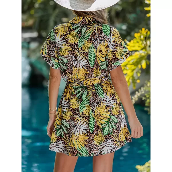 imageCUPSHE Womens Tropical Leaf Print Button Short Sleeve Mini Dress Casual Belted Short DressYellow Leaf