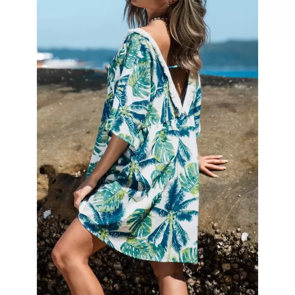 imageCUPSHE Womens Tropical Leaf Print Cover Up Dress Short Sleeve Fringe Beach Mini DressGreen