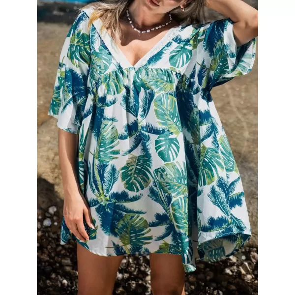 imageCUPSHE Womens Tropical Leaf Print Cover Up Dress Short Sleeve Fringe Beach Mini DressGreen