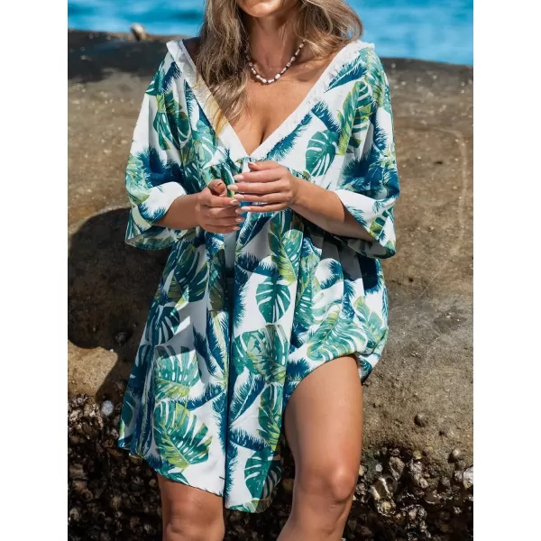 imageCUPSHE Womens Tropical Leaf Print Cover Up Dress Short Sleeve Fringe Beach Mini DressGreen