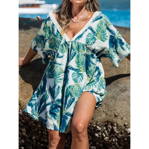 imageCUPSHE Womens Tropical Leaf Print Cover Up Dress Short Sleeve Fringe Beach Mini DressGreen