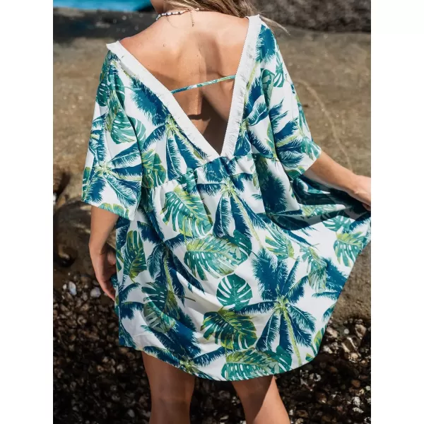 imageCUPSHE Womens Tropical Leaf Print Cover Up Dress Short Sleeve Fringe Beach Mini DressGreen