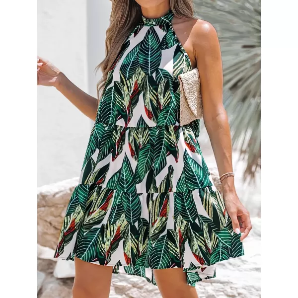 imageCUPSHE Womens Tropical Leaf Print Halter Dress Summer Mini Aline Dress SleevelessGreen Floral