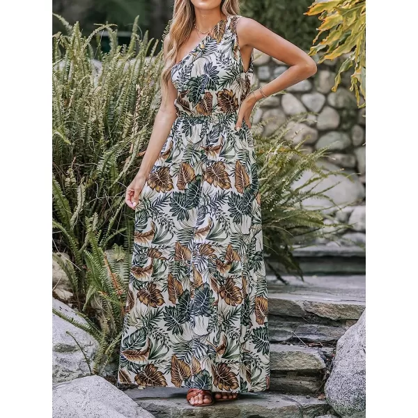 imageCUPSHE Womens Tropical Leaf Print OneShoulder AShape Dress Summer Midi Dress SleevelessGreen Floral