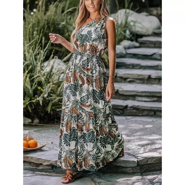 imageCUPSHE Womens Tropical Leaf Print OneShoulder AShape Dress Summer Midi Dress SleevelessGreen Floral