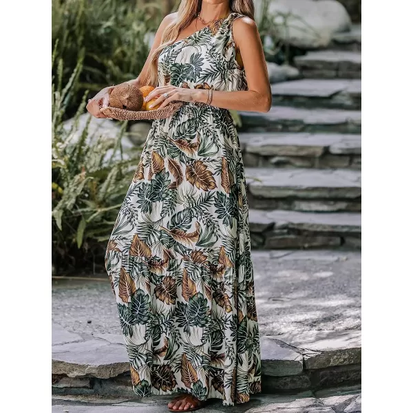 imageCUPSHE Womens Tropical Leaf Print OneShoulder AShape Dress Summer Midi Dress SleevelessGreen Floral