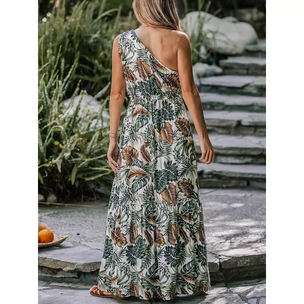 imageCUPSHE Womens Tropical Leaf Print OneShoulder AShape Dress Summer Midi Dress SleevelessGreen Floral