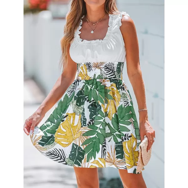 imageCUPSHE Womens Tropical Leaf Print Smocked Dress Aline Sleeveless DressGreen Floral