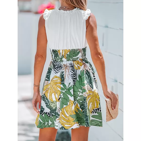 imageCUPSHE Womens Tropical Leaf Print Smocked Dress Aline Sleeveless DressGreen Floral