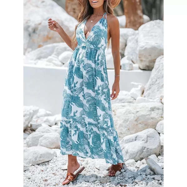 imageCUPSHE Womens Tropical Leaf Print Smocking Maxi Dress Mini Halter Dress SleevelessBlue Floral