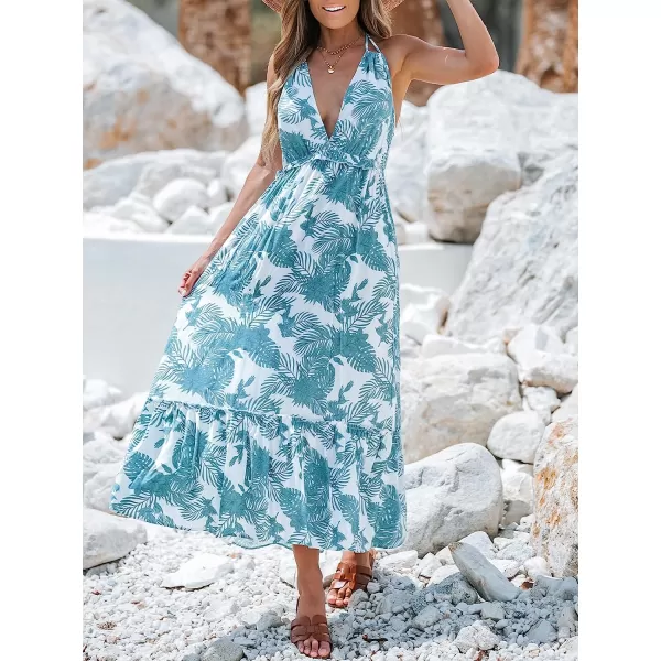 imageCUPSHE Womens Tropical Leaf Print Smocking Maxi Dress Mini Halter Dress SleevelessBlue Floral