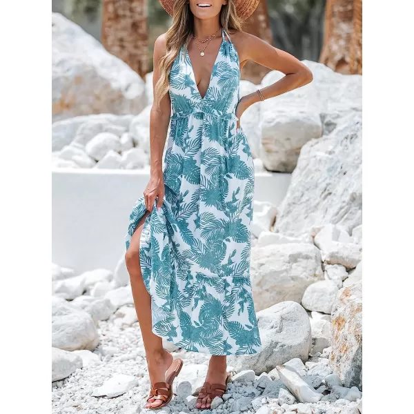 imageCUPSHE Womens Tropical Leaf Print Smocking Maxi Dress Mini Halter Dress SleevelessBlue Floral