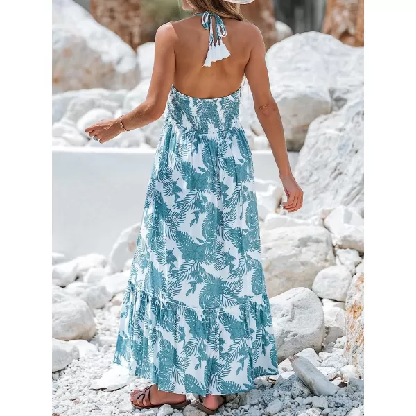 imageCUPSHE Womens Tropical Leaf Print Smocking Maxi Dress Mini Halter Dress SleevelessBlue Floral