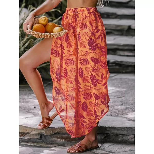 imageCUPSHE Womens Tropical Leaf Print Tassel Tie CoverUp Pants Mixi BeachwearOrange