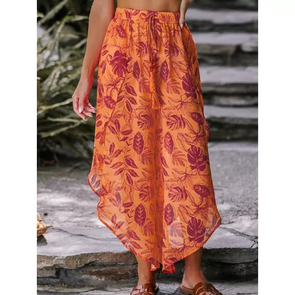 imageCUPSHE Womens Tropical Leaf Print Tassel Tie CoverUp Pants Mixi BeachwearOrange