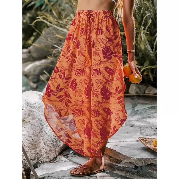imageCUPSHE Womens Tropical Leaf Print Tassel Tie CoverUp Pants Mixi BeachwearOrange