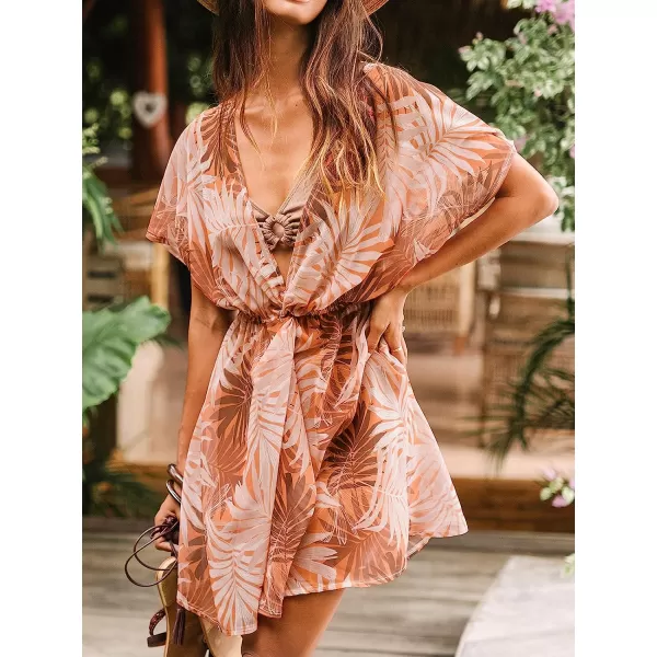 imageCUPSHE Womens Tropical Leaf Print Twisted CoverUp Dolman Sleeves Midi DressPink