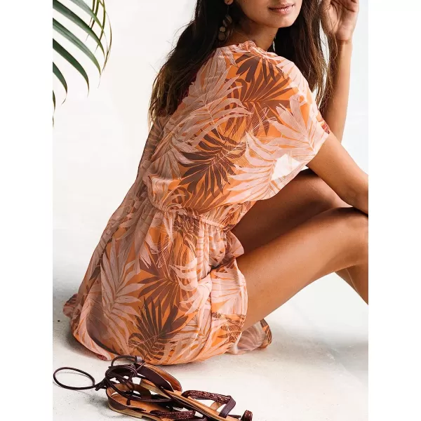 imageCUPSHE Womens Tropical Leaf Print Twisted CoverUp Dolman Sleeves Midi DressPink
