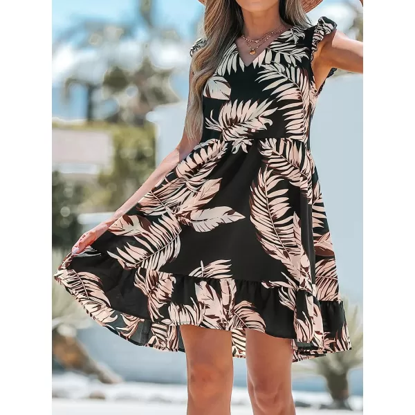 imageCUPSHE Womens Tropical Leaf Print VNeck Aline Dress Mini DressBlack Floral