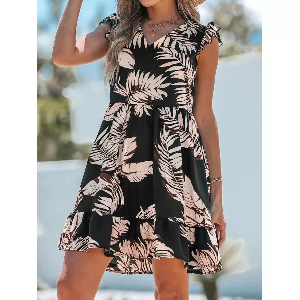 imageCUPSHE Womens Tropical Leaf Print VNeck Aline Dress Mini DressBlack Floral