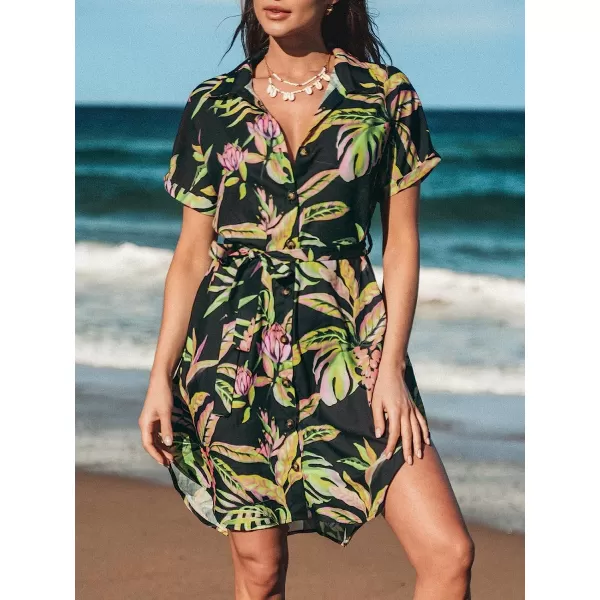 imageCUPSHE Womens Tropical Leaf Shirt Collar Dress Mini Summer DressBlack Floral