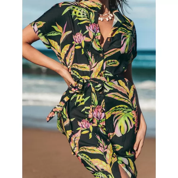 imageCUPSHE Womens Tropical Leaf Shirt Collar Dress Mini Summer DressBlack Floral