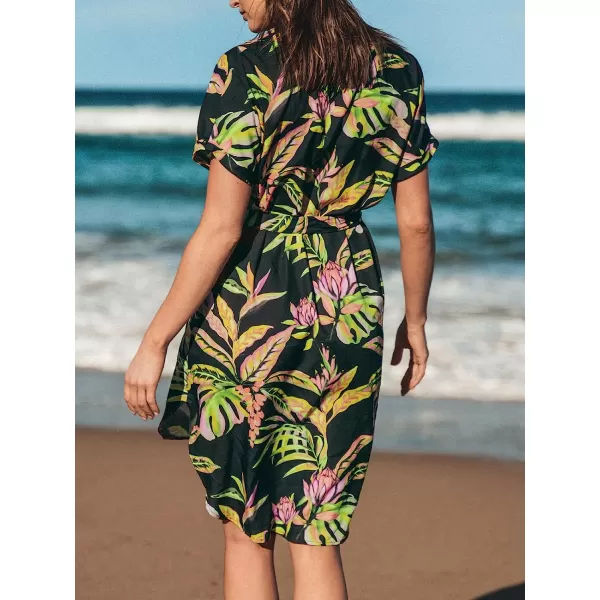 imageCUPSHE Womens Tropical Leaf Shirt Collar Dress Mini Summer DressBlack Floral