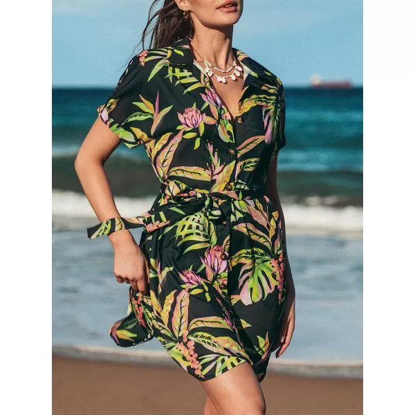 imageCUPSHE Womens Tropical Leaf Shirt Collar Dress Mini Summer DressBlack Floral