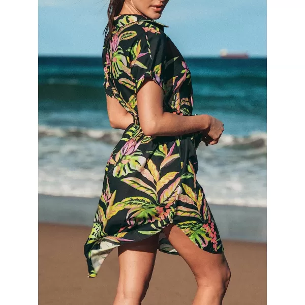imageCUPSHE Womens Tropical Leaf Shirt Collar Dress Mini Summer DressBlack Floral