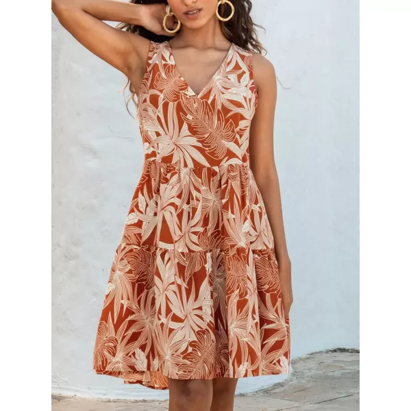 imageCUPSHE Womens Tropical Leaf Tiered Flounce Mini Dress VNeck Smocked Summer DressOrange Floral