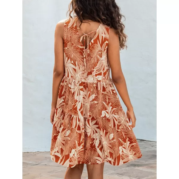 imageCUPSHE Womens Tropical Leaf Tiered Flounce Mini Dress VNeck Smocked Summer DressOrange Floral