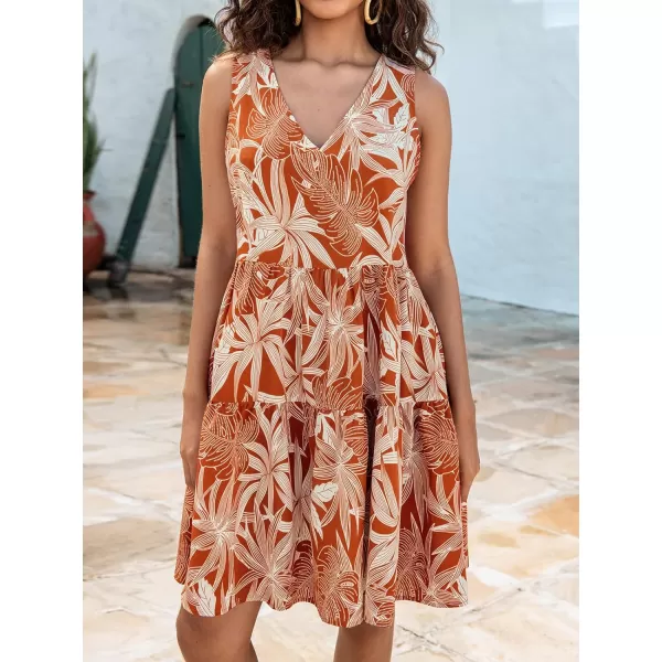 imageCUPSHE Womens Tropical Leaf Tiered Flounce Mini Dress VNeck Smocked Summer DressOrange Floral