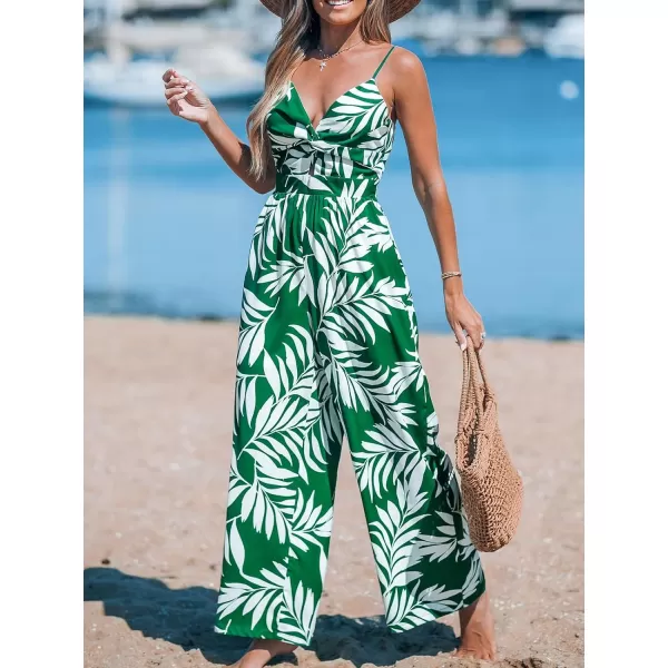 imageCUPSHE Womens Tropical Sweetheart Twist  Keyhole Wide Leg Jumpsuit Back Tie Beach JumpsuitsGreen