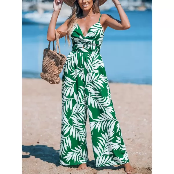 imageCUPSHE Womens Tropical Sweetheart Twist  Keyhole Wide Leg Jumpsuit Back Tie Beach JumpsuitsGreen
