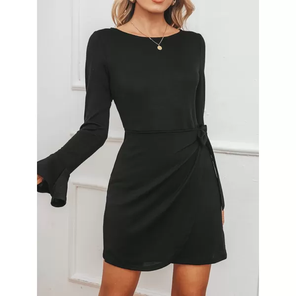 imageCUPSHE Womens Trumpet Sleeve SelfTie Mini Dress Elegant Round Neck Solid Wrap DressesBlack