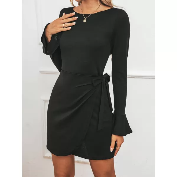 imageCUPSHE Womens Trumpet Sleeve SelfTie Mini Dress Elegant Round Neck Solid Wrap DressesBlack