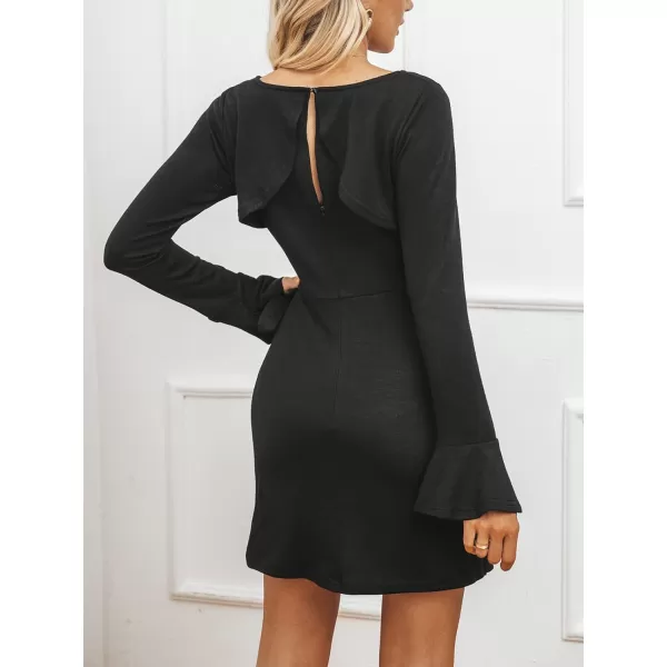 imageCUPSHE Womens Trumpet Sleeve SelfTie Mini Dress Elegant Round Neck Solid Wrap DressesBlack